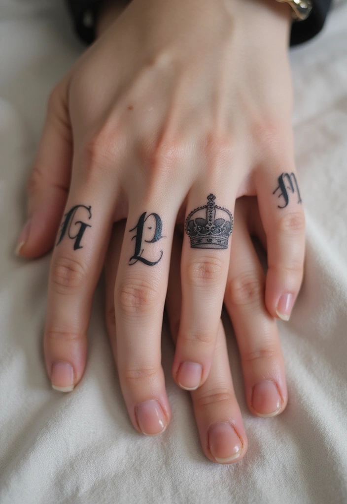 30 King and Queen Tattoos Finger Designs for Couples - 10. Royal Initials with Crowns