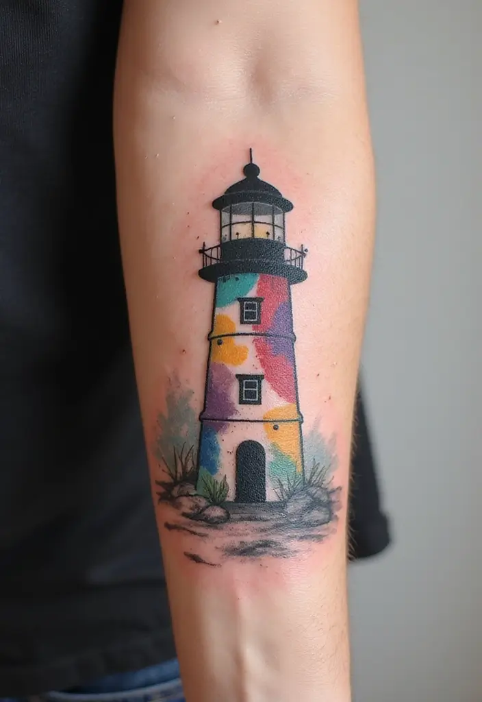 30 Lighthouse Forearm Tattoo Ideas That Guide the Way - 10. Abstract Lighthouse