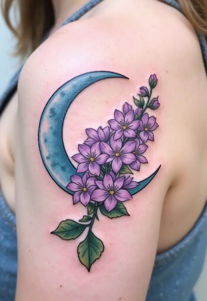 30 Lilac Flower Tattoo Designs with Gentle Symbolism - 10. Lilac and Moon