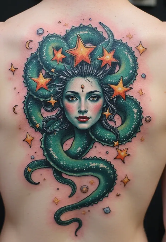 30 Medusa Tattoos for Females with Bold and Fierce Symbolism - 10. Medusa with Cosmic Elements