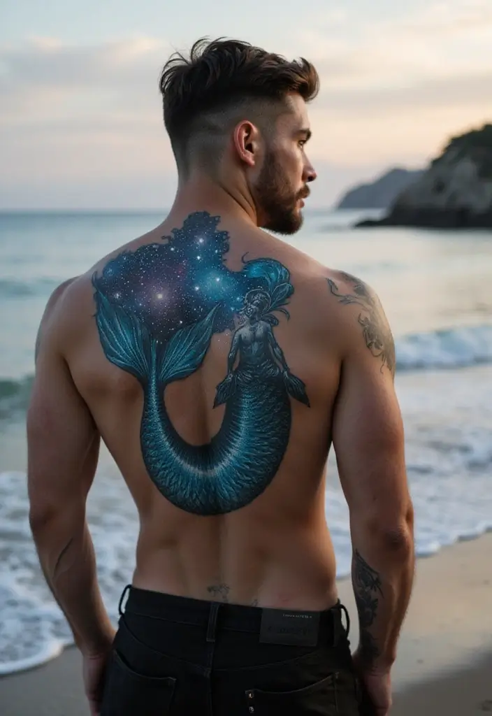 30 Creative Mermaid Tattoos for Men with Ocean Spirit - 10. Constellation Mermaid