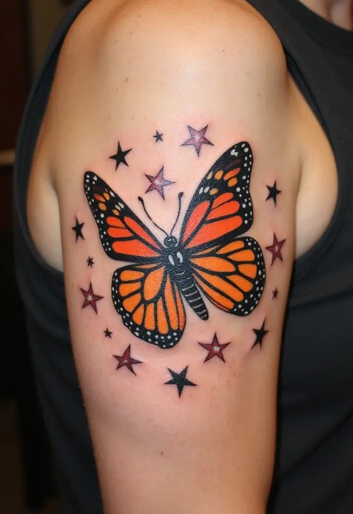 30 Monarch Butterfly Tattoo Designs with Deep Symbolism - 10. Monarch Butterfly with Stars
