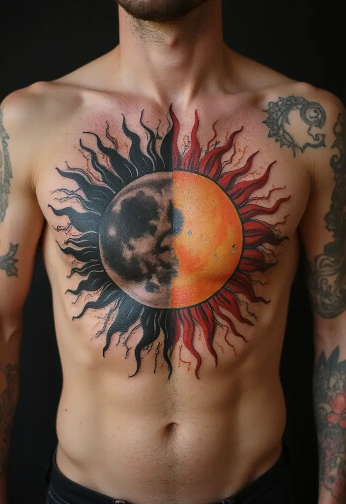 30 Moon Tattoos for Men That Radiate Power and Mystery - 10. Moon and Sun Combo