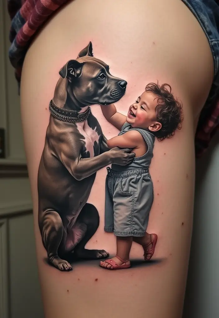 30 Pitbull Tattoo Designs Celebrating Strength and Loyalty - 10. Pitbull and Child