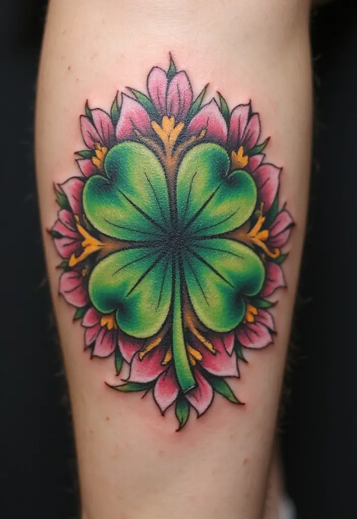 30 Realistic Four Leaf Clover Tattoo Inspirations for Luck - 10. Floral Accents