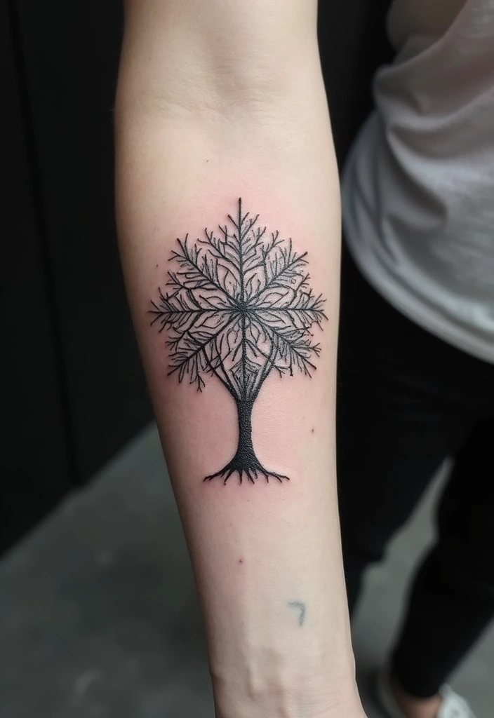 30 Snowflake Tattoo Ideas with Delicate and Unique Patterns - 10. Snowflake with A Tree