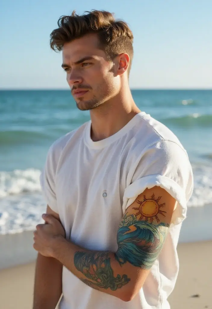 30 Sun Tattoo Men Ideas for Radiant Energy - 10. Sun and Waves Tattoo