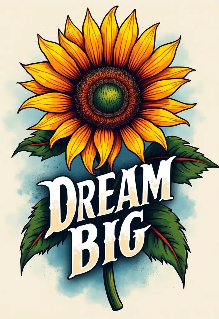 30 Sunflower and Quote Tattoo Ideas Full of Positivity - 10. Sunflower with 'Dream Big'