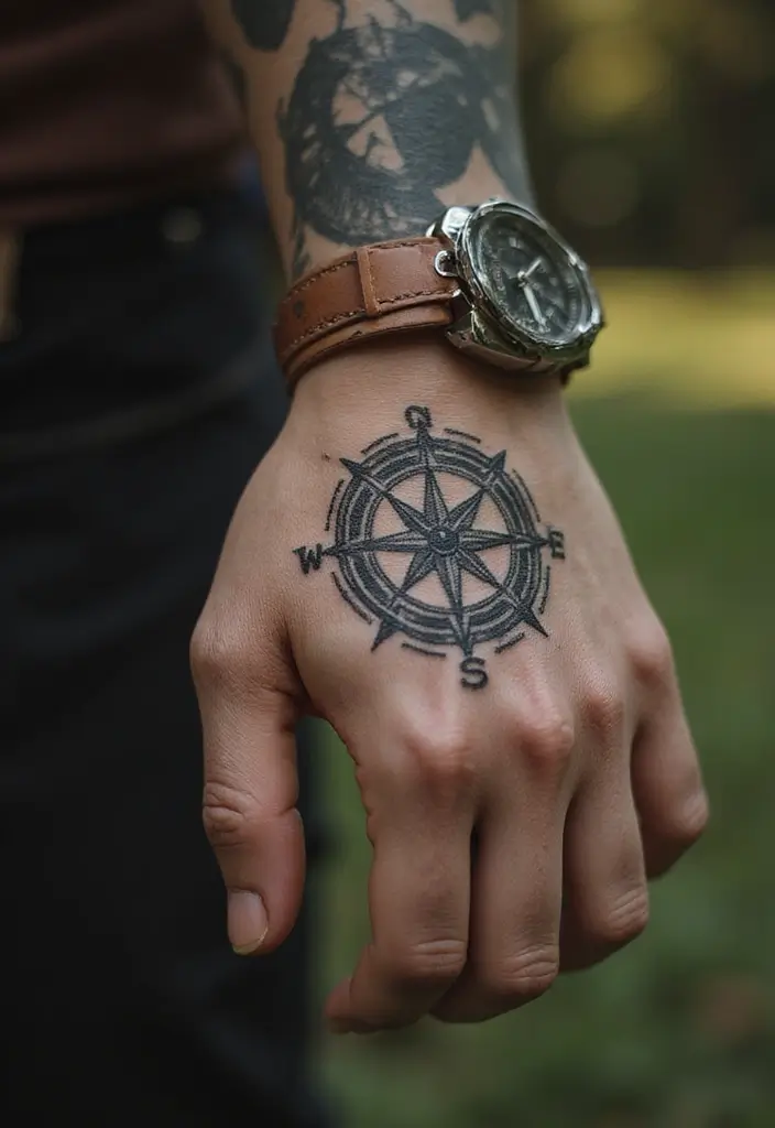 30 Symbol Hand Tattoos for Men That Speak Volumes - 10. Compass Tattoo