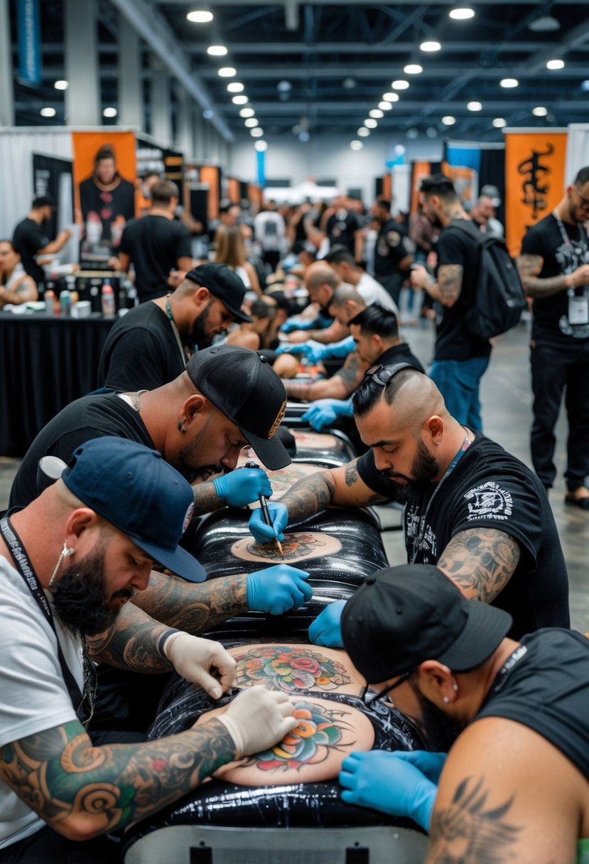 Tattoo Birmingham: Your Complete Directory of Top-Rated Artists and Studios in the City 11 People getting tattoos and artists working at a busy tattoo convention in a large indoor space.