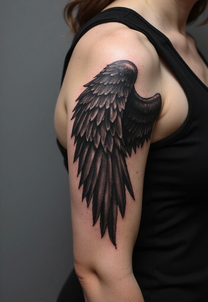 30 Shoulder Wing Tattoo Ideas with Angelic Inspiration - 10. Bold Black Angel Wings