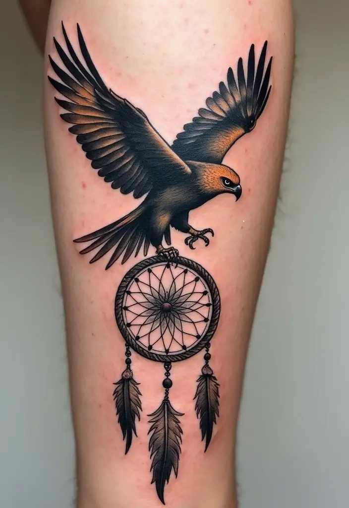 30 Hawk Tattoo Designs That Represent Vision and Strength - 10. Hawk with Dreamcatcher