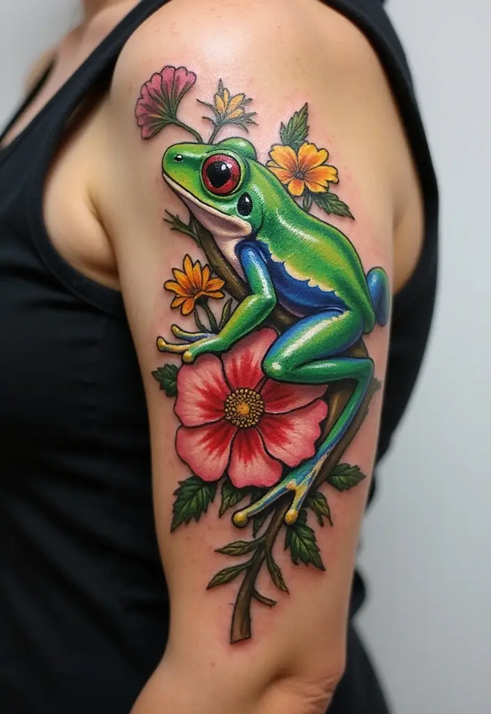 30 Tree Frog Tattoos with Playful and Unique Vibes - 10. Tree Frog with Flowers