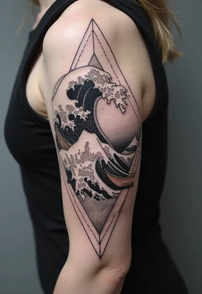 30 Wave Tattoo Sleeve Ideas That Make a Bold Statement - 10. Geometric Wave Designs