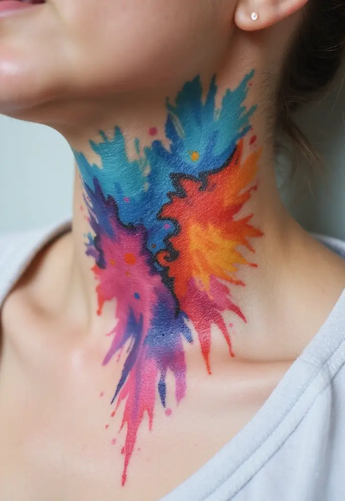 30 Women's Throat Tattoos That Are Edgy and Elegant - 10. Watercolor Tattoos