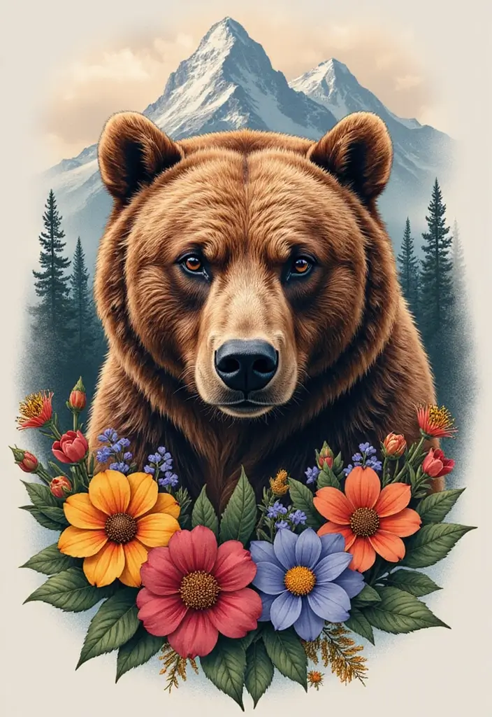 30 Bear Shoulder Tattoo Inspirations with Power and Strength - 11. Bear with Mountain Flowers