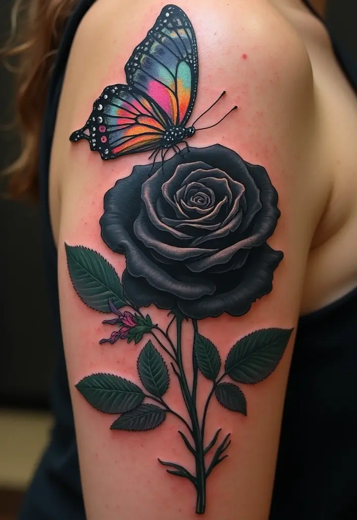 30 Black Rose Tattoo Meaning and Design Inspirations - 11. Black Rose with Butterfly Designs