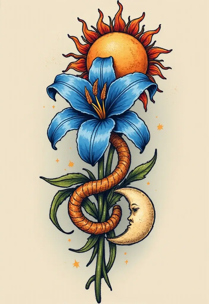 30 Blue Lily Tattoo Designs That Look Elegant - 11. Blue Lily with Sun and Moon