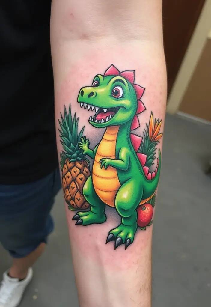 30 Cartoon Tattoo Ideas That Are Fun and Creative - 11. Playful Dinosaurs