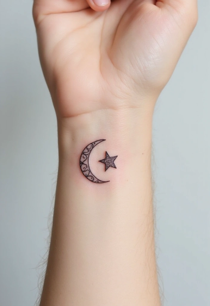 30 Celestial Star Tattoo Inspirations Full of Magic - 11. Crescent Moon and Stars