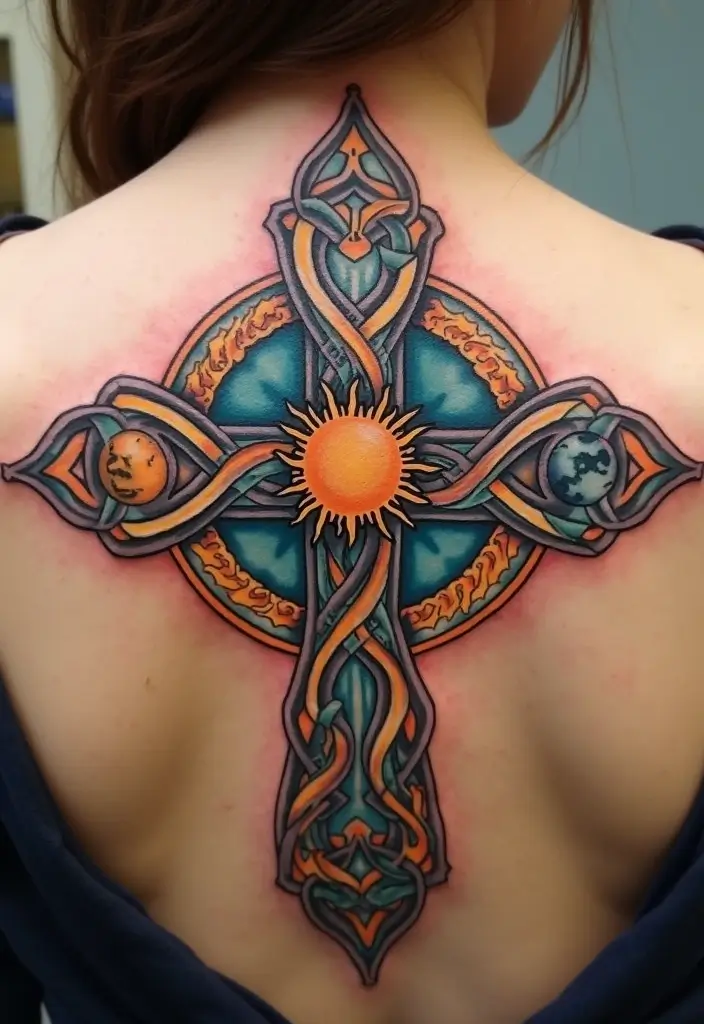 30 Celtic Cross Tattoos with Deep Spiritual Significance - 11. Celtic Cross with Sun and Moon