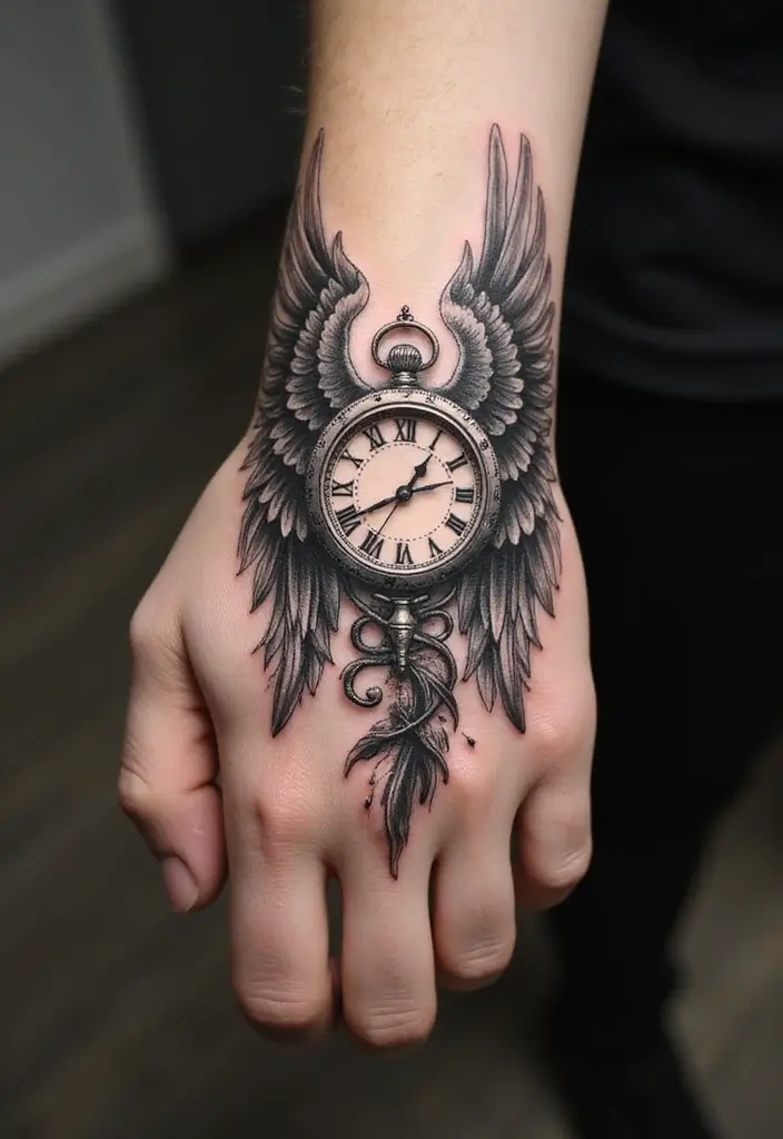 30 Clock Tattoo on Hand Ideas That Stand the Test of Time - 11. Clock with Wings