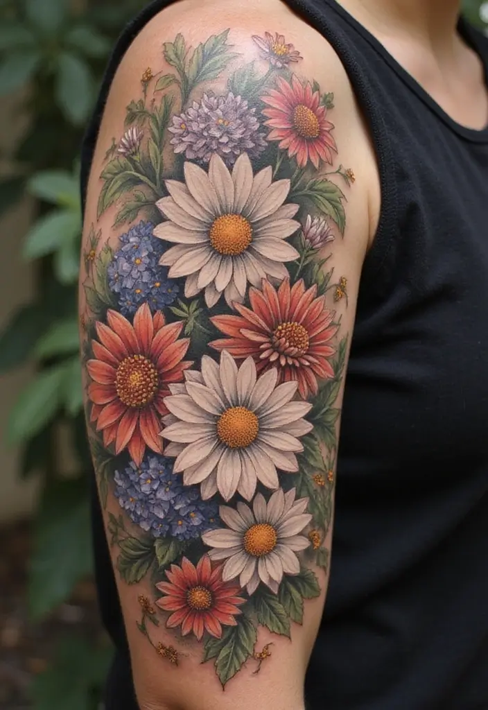 30 Daisy Tattoo Ideas for a Fresh and Delicate Design - 11. Floral Sleeve with Daisies