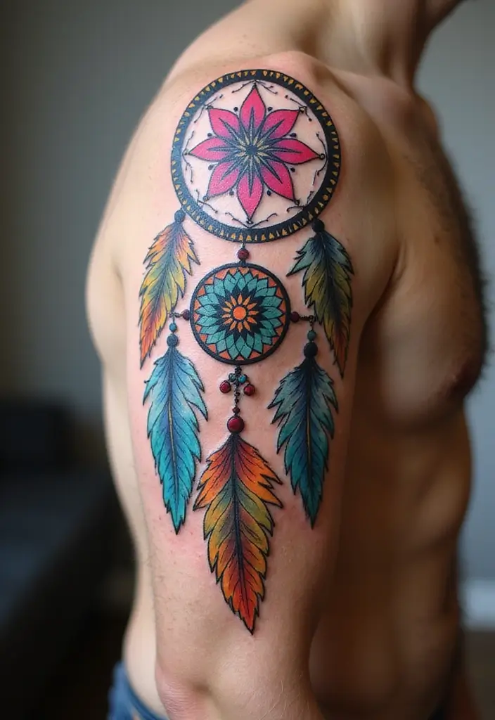 30 Dream Catcher Tattoo Ideas for Men with Protective Energy - 11. Colorful Dream Catcher
