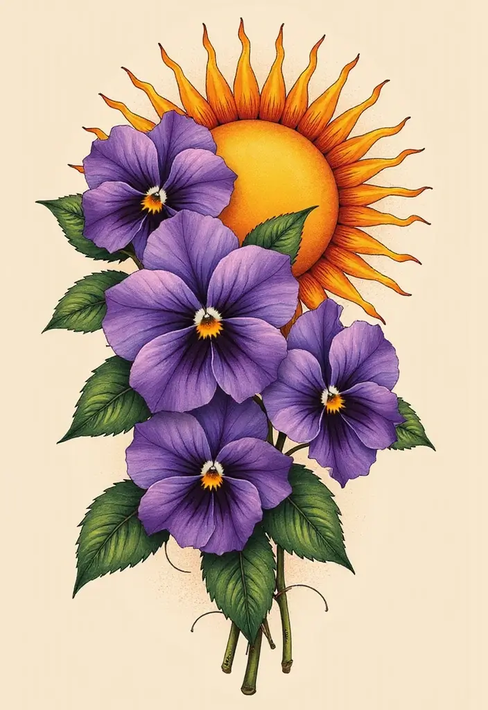 30 February Flower Tattoo Ideas with Birth Month Beauty - 11. Violet and Sun