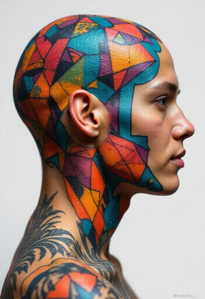 30 Geometric Head Tattoo Ideas for Bold Expression - 11. Colorful Geometry
