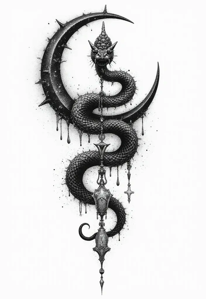 30 Geometric Snake Tattoo Ideas with Unique Patterns - 11. Snake and Moon Combination