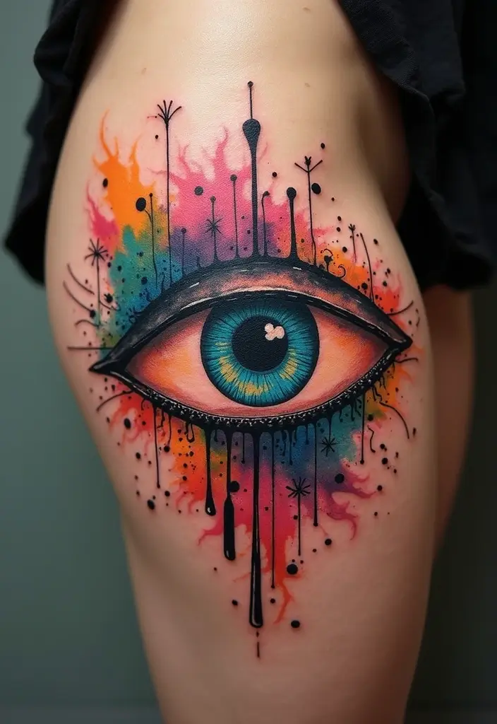 30 Greek Eye Tattoo Meaning and Stunning Design Ideas - 11. Colorful Abstract Greek Eye Tattoos
