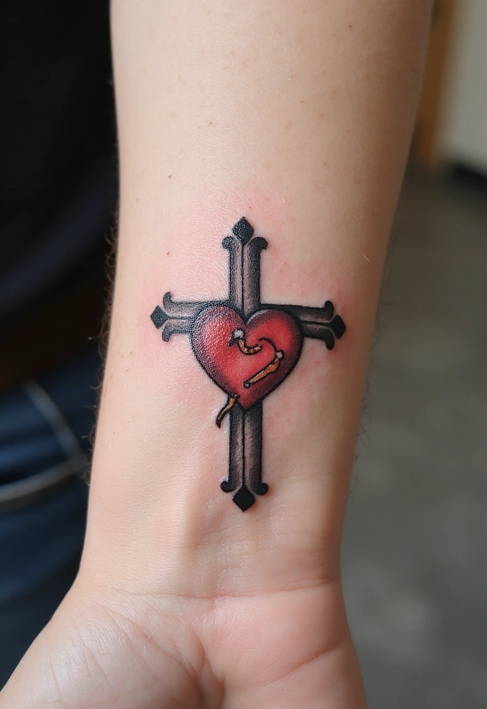 30 Hand Cross Tattoos That Blend Faith and Style - 11. Cross with Heart
