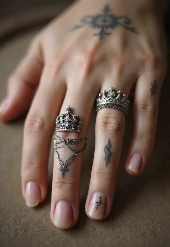 30 King and Queen Tattoos Finger Designs for Couples - 11. Vintage Crown Design