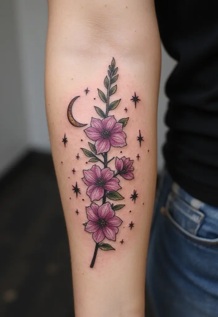 30 Larkspur Tattoo Designs Inspired by Birth Flowers - 11. Larkspur with Celestial Elements