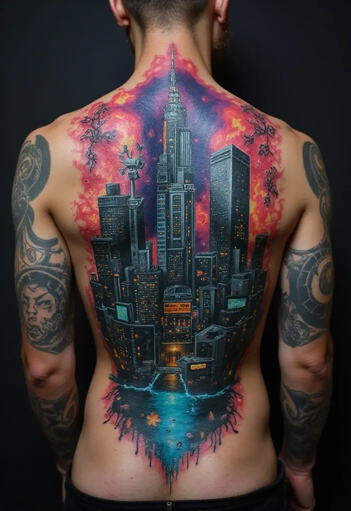 30 Futuristic Mech Tattoo Inspirations for Sci-Fi Fans - 11. Mech Cityscape Tattoo