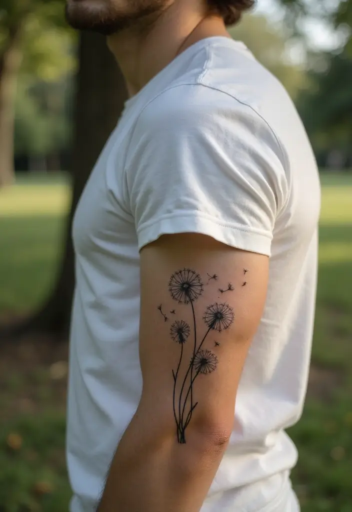 30 Mens Flower Sleeve Tattoo Ideas with Bold Florals - 11. Dandelions: Dreams and Wishes