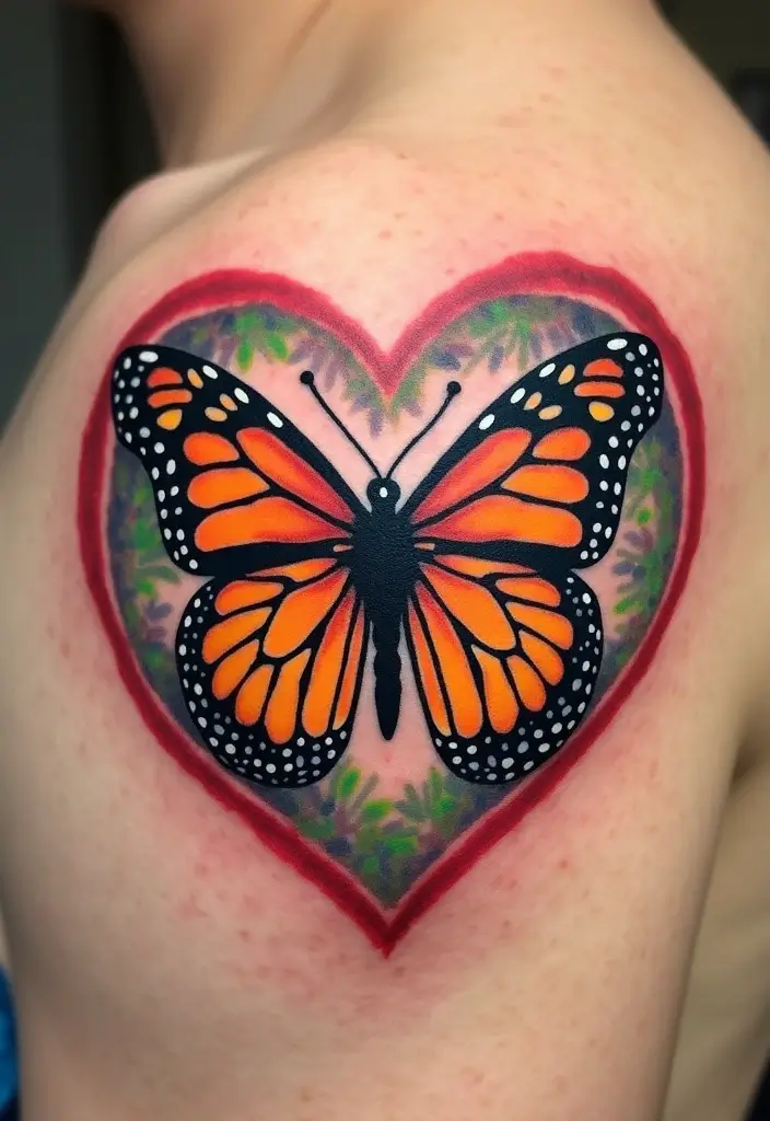 30 Monarch Butterfly Tattoo Designs with Deep Symbolism - 11. Monarch Butterfly with a Heart