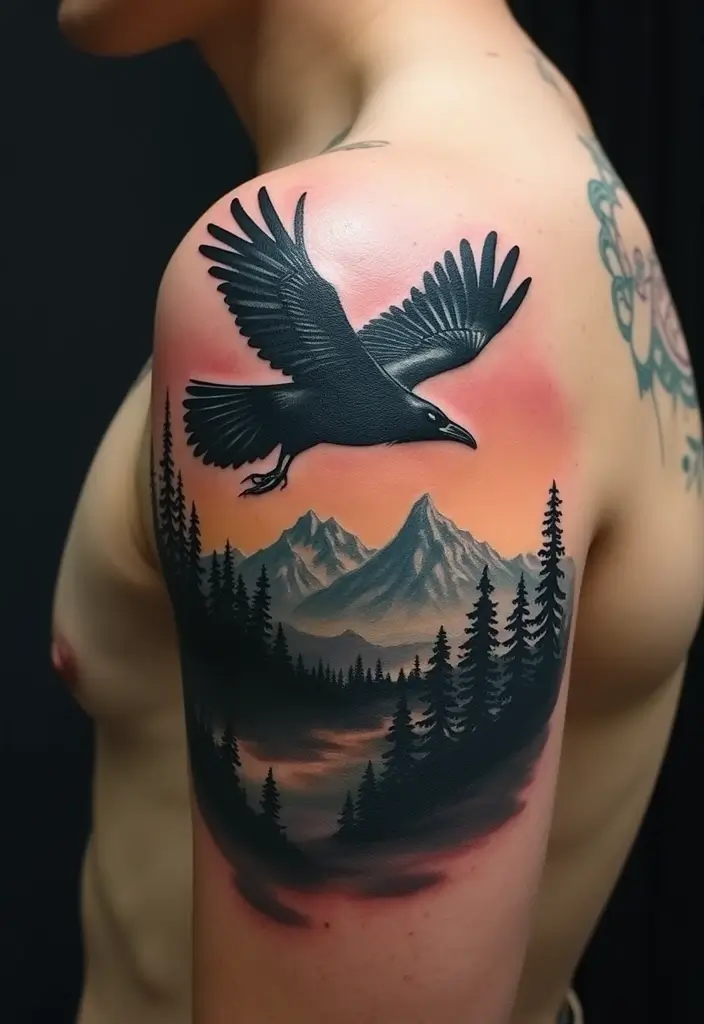 30 Raven Tattoo Shoulder Designs That Look Powerful - 11. Raven Scenery