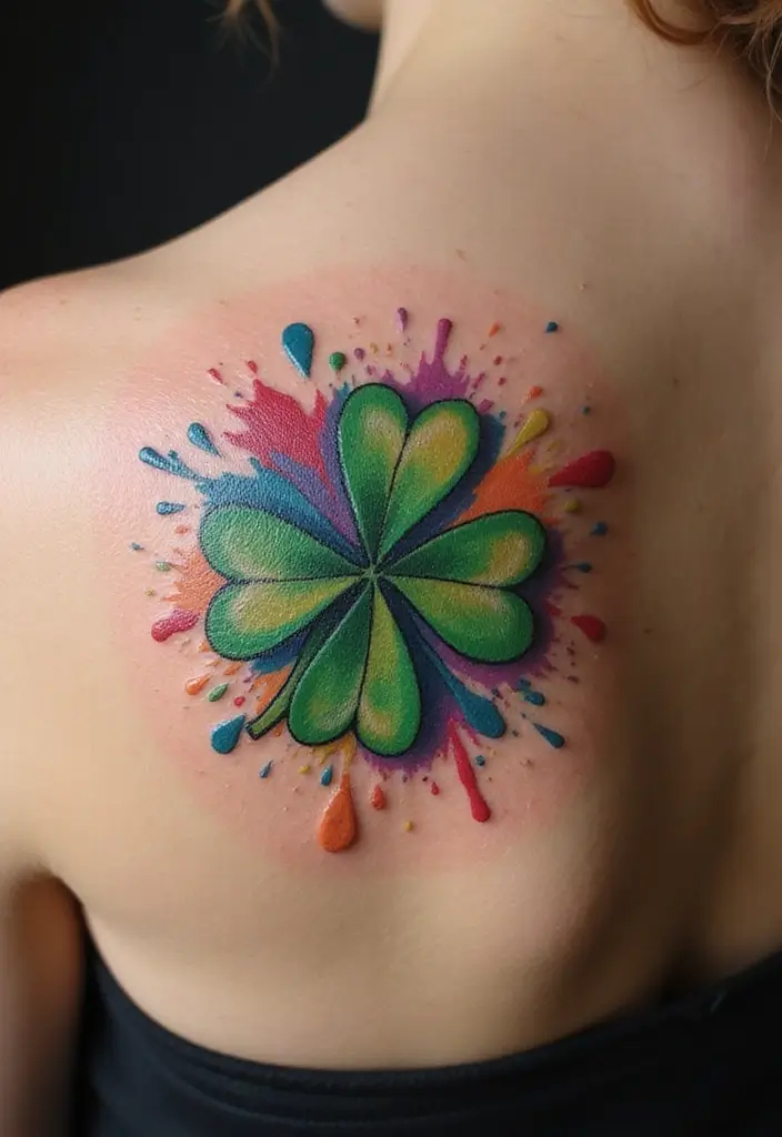 30 Realistic Four Leaf Clover Tattoo Inspirations for Luck - 11. Color Splash