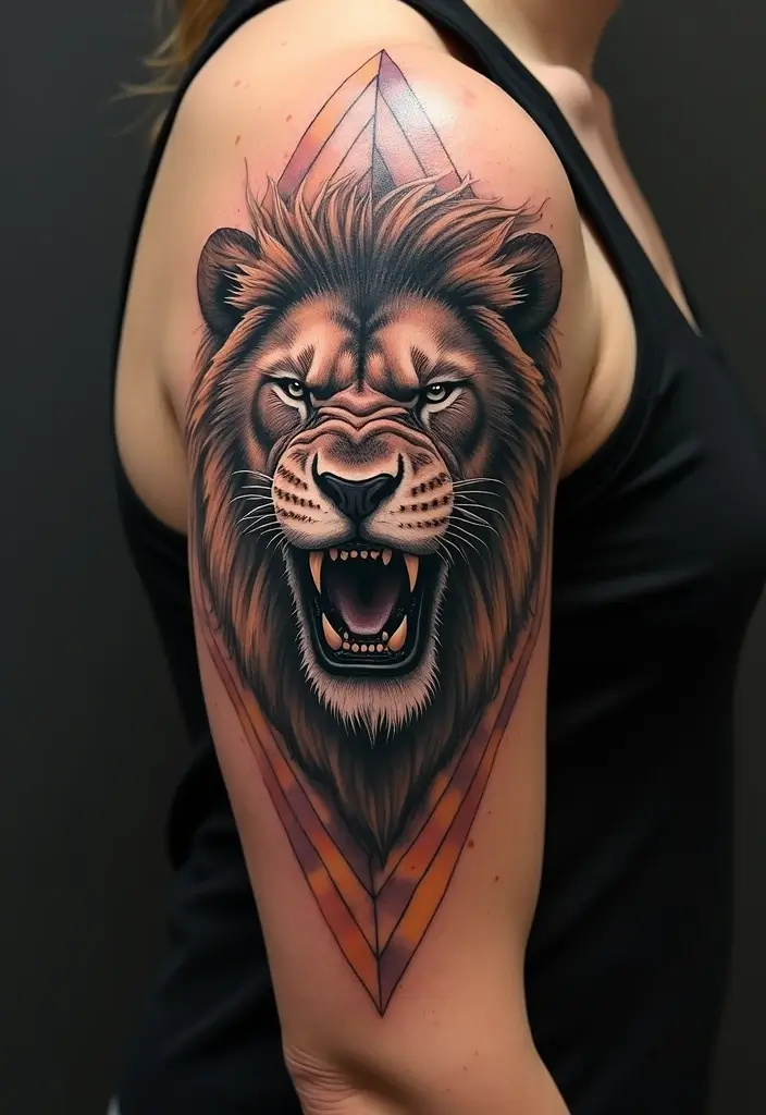 30 Roar Lion Tattoo Inspirations That Show Strength - 11. Roaring Lion with Geometric Background