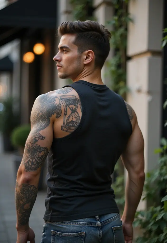 30 Shoulder Tattoos for Men with Meaningful Designs - 11. Hourglass: Time and Reflection