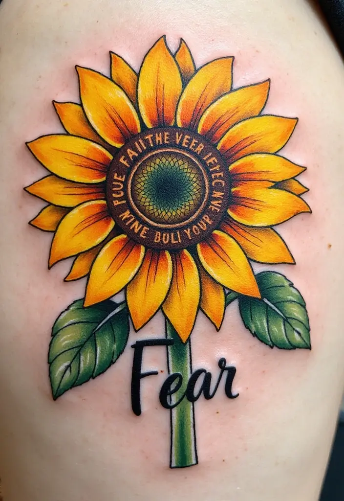 30 Sunflower and Quote Tattoo Ideas Full of Positivity - 11. Sunflower with 'Faith Over Fear'