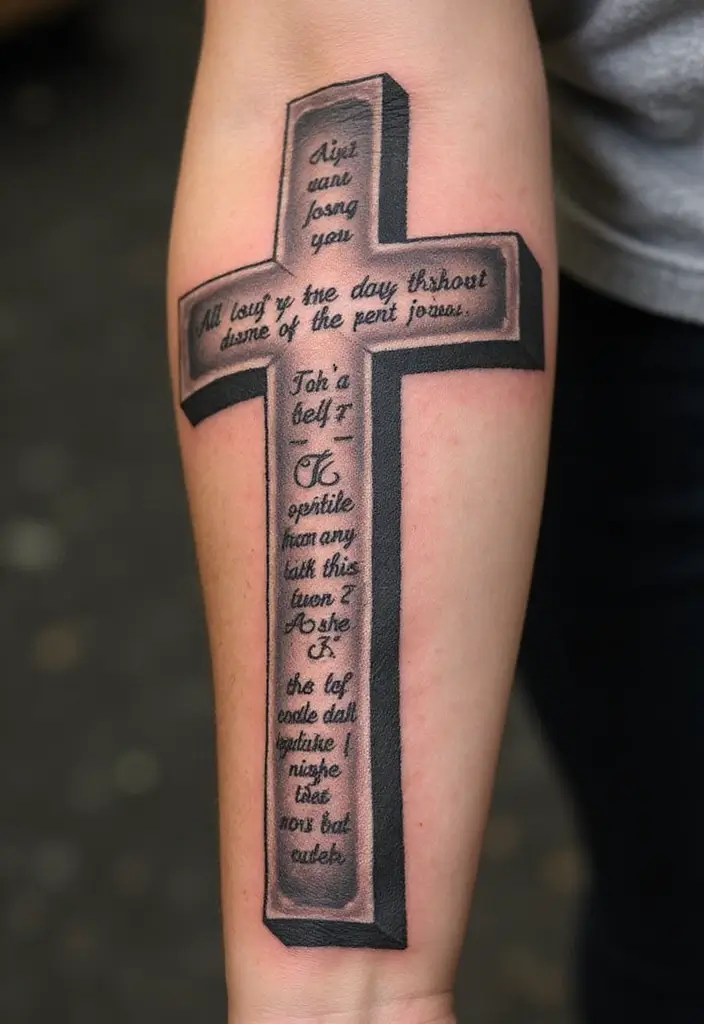 30 Tattoo Cross 3D Designs That Look Realistic - 11. Cross with a Bible Verse