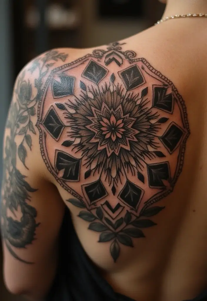 30 Tattoo Shoulder Designs for Women with Feminine Flair - 11. Art Deco Patterns