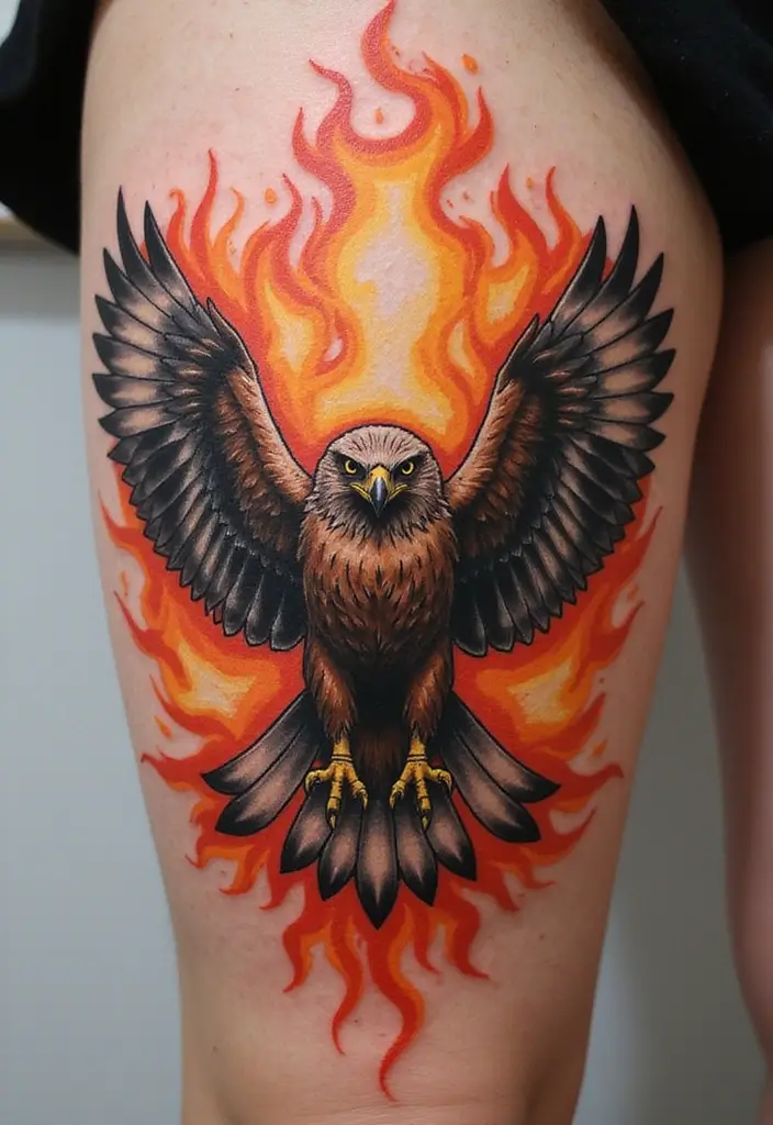 30 Hawk Tattoo Designs That Represent Vision and Strength - 11. Hawk and Fire