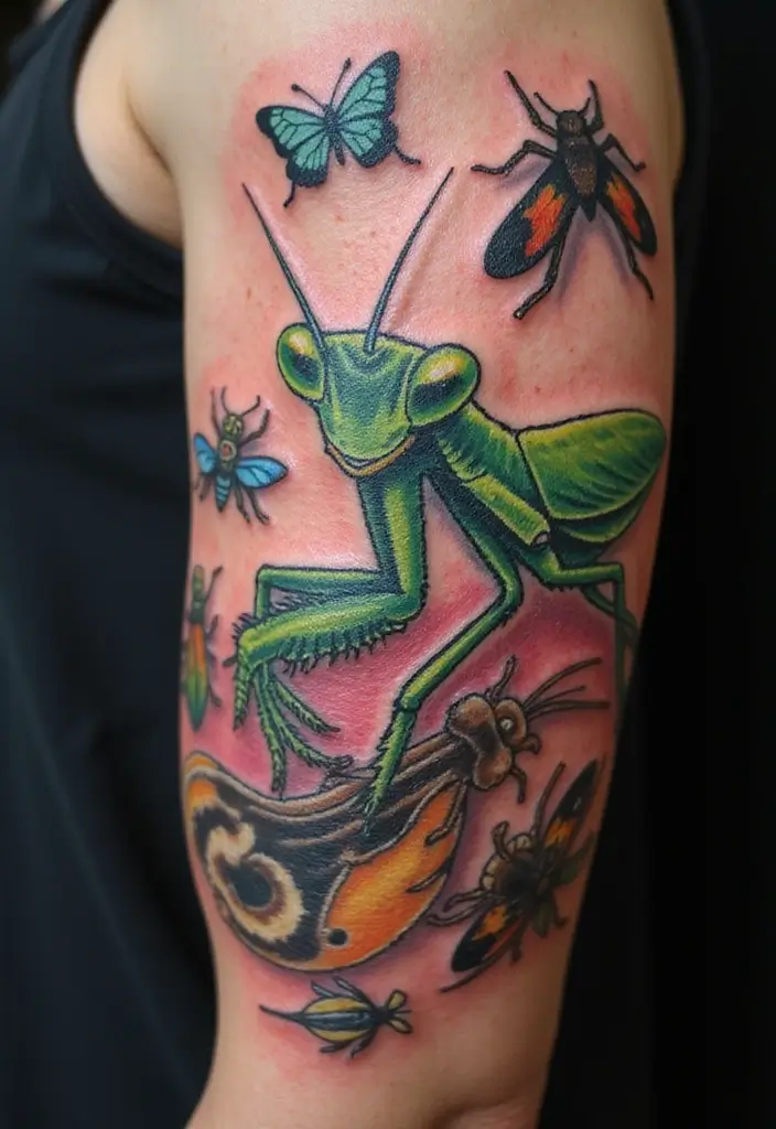30 Traditional Praying Mantis Tattoo Ideas You’ll Love - 11. Mantis and Insects
