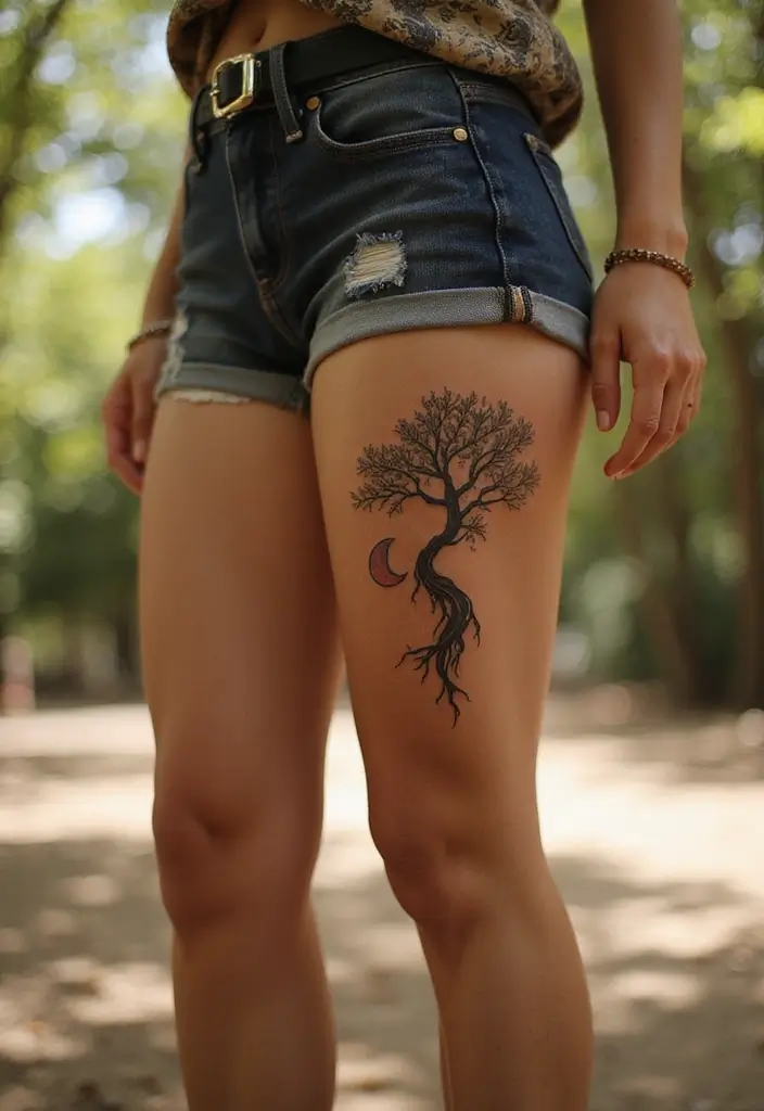 30 Tree Leg Tattoo Designs for Nature-Inspired Ink - 11. Tree and Moon Fusion
