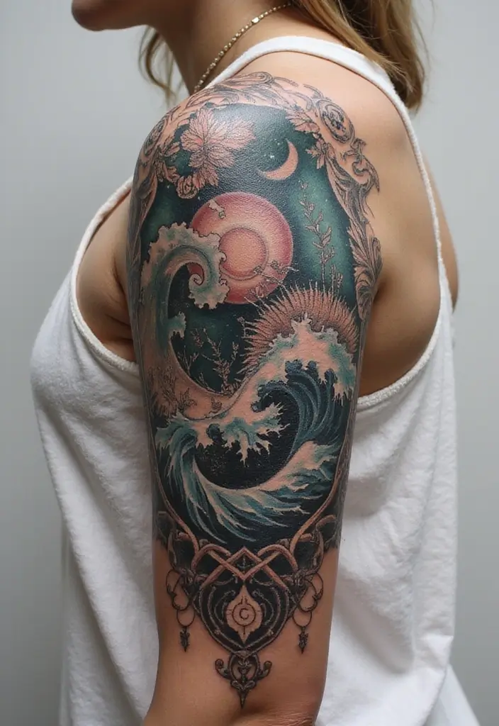 30 Wave Tattoo Sleeve Ideas That Make a Bold Statement - 11. Mystic Wave Symbols