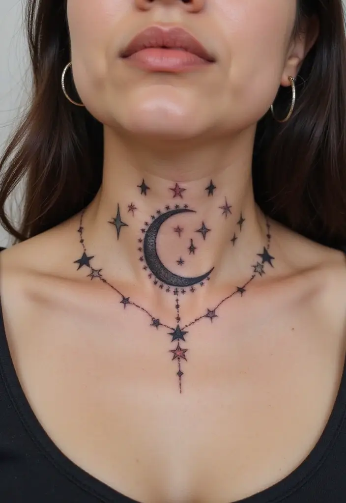 30 Women's Throat Tattoos That Are Edgy and Elegant - 11. Celestial Themes